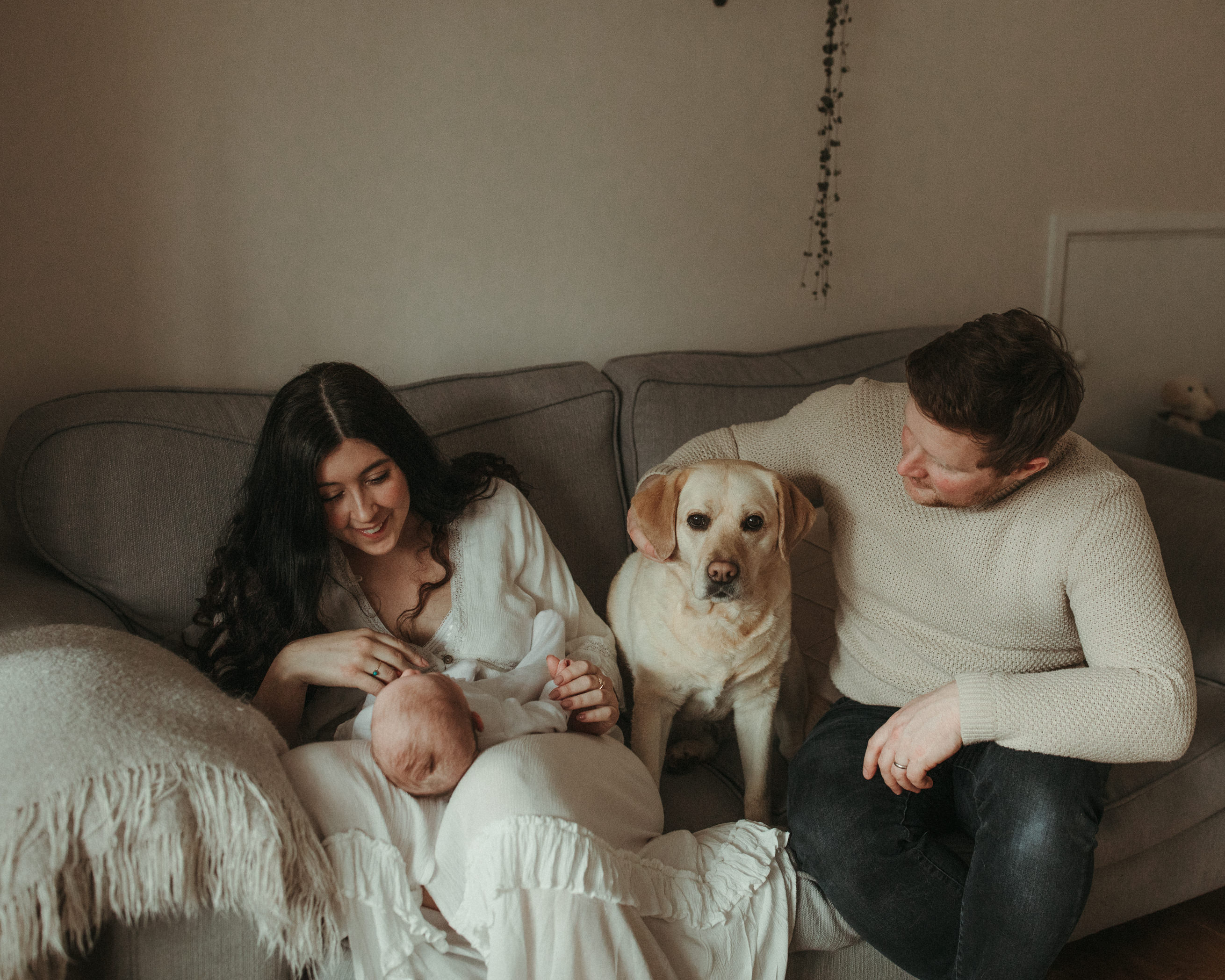 Couple sit with dog on sofa gazing down at newborn